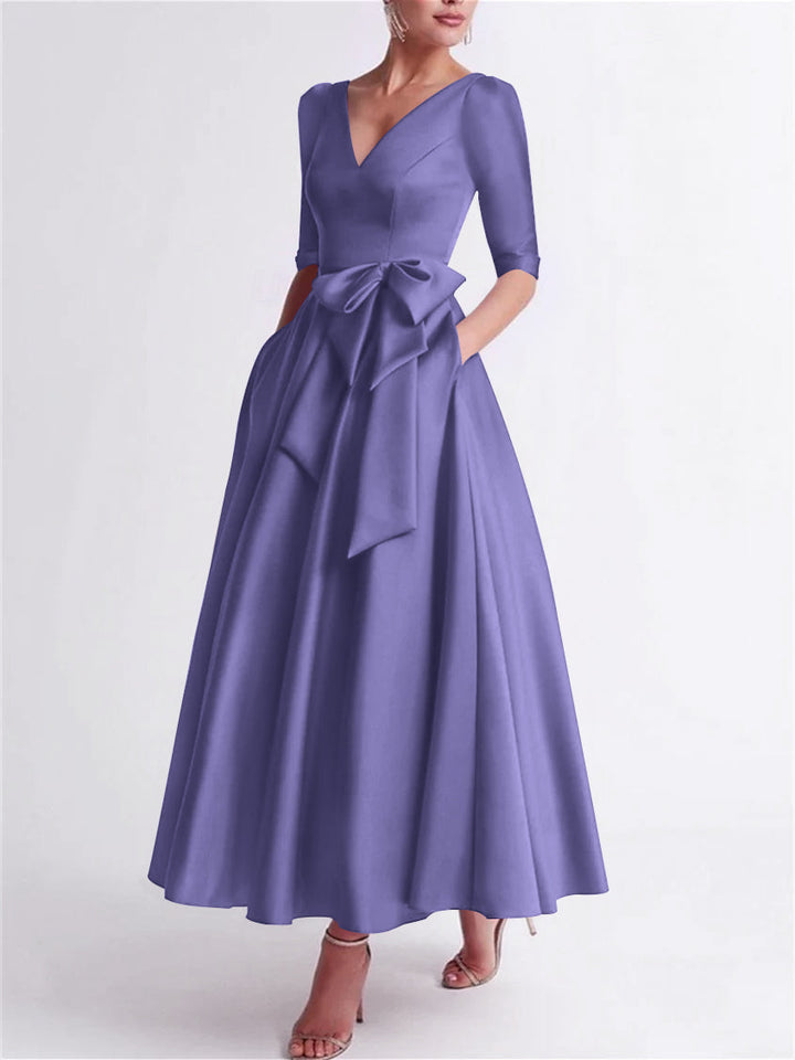 Robe de Mère de la Mariée en Satin à Manches 3/4 et Col en V, Ligne A/Princesse, Longueur Thé, avec Nœud(S)
