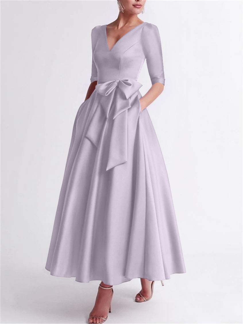 Robe de Mère de la Mariée en Satin à Manches 3/4 et Col en V, Ligne A/Princesse, Longueur Thé, avec Nœud(S)