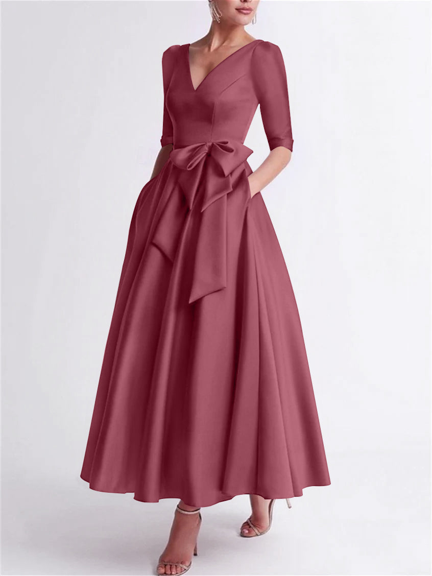 Robe de Mère de la Mariée en Satin à Manches 3/4 et Col en V, Ligne A/Princesse, Longueur Thé, avec Nœud(S)
