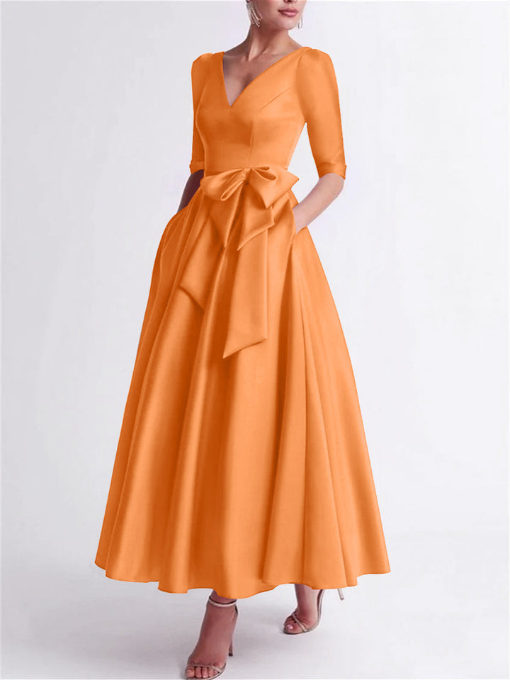 Robe de Mère de la Mariée en Satin à Manches 3/4 et Col en V, Ligne A/Princesse, Longueur Thé, avec Nœud(S)