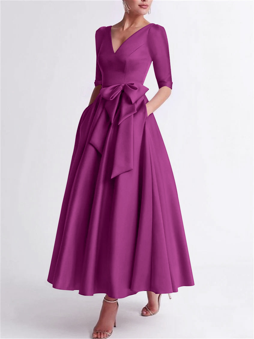 Robe de Mère de la Mariée en Satin à Manches 3/4 et Col en V, Ligne A/Princesse, Longueur Thé, avec Nœud(S)