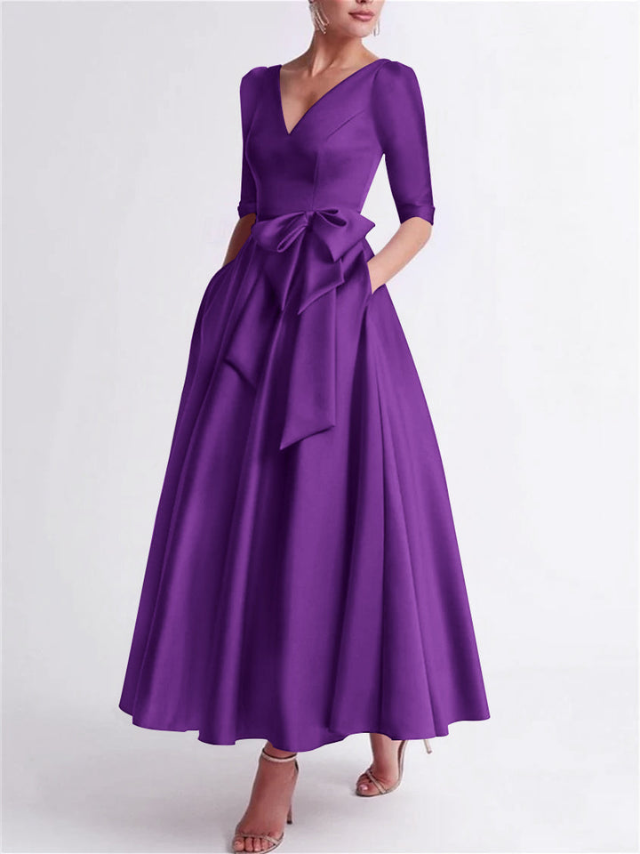 Robe de Mère de la Mariée en Satin à Manches 3/4 et Col en V, Ligne A/Princesse, Longueur Thé, avec Nœud(S)