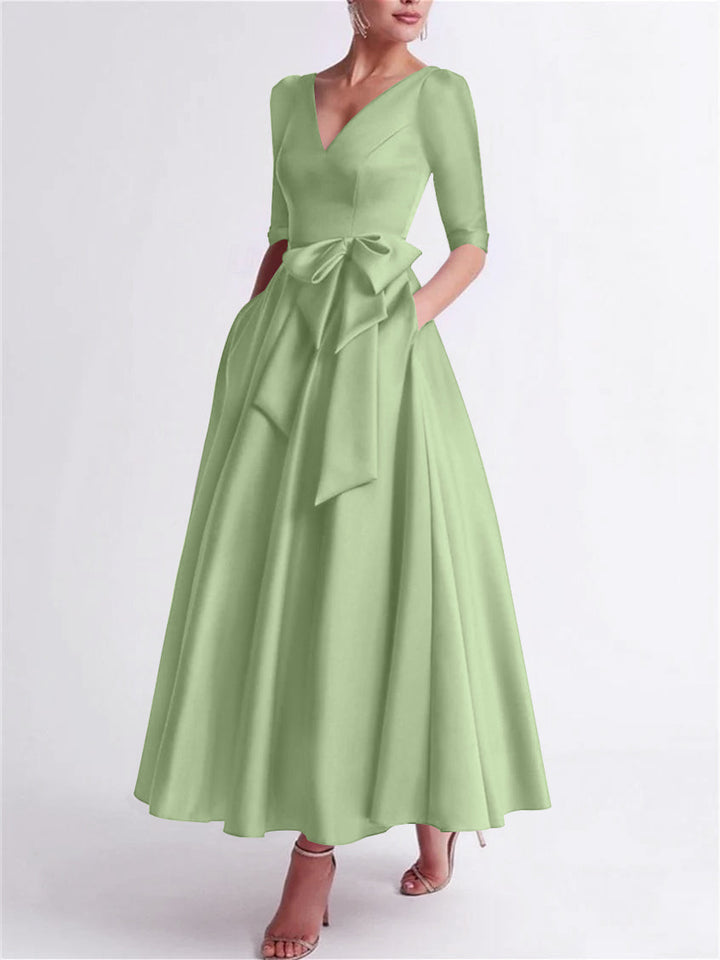 Robe de Mère de la Mariée en Satin à Manches 3/4 et Col en V, Ligne A/Princesse, Longueur Thé, avec Nœud(S)