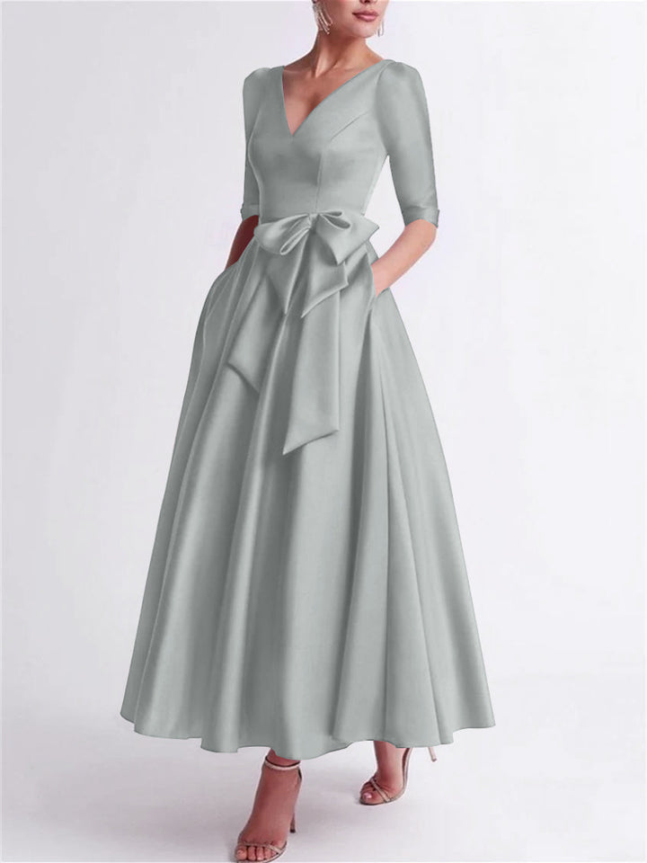 Robe de Mère de la Mariée en Satin à Manches 3/4 et Col en V, Ligne A/Princesse, Longueur Thé, avec Nœud(S)