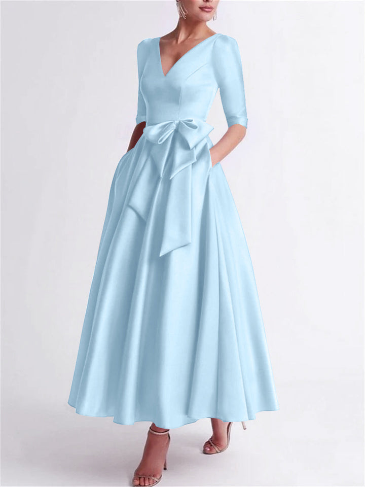 Robe de Mère de la Mariée en Satin à Manches 3/4 et Col en V, Ligne A/Princesse, Longueur Thé, avec Nœud(S)