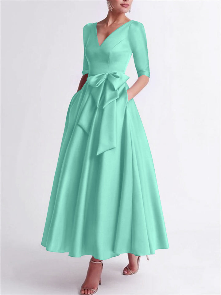 Robe de Mère de la Mariée en Satin à Manches 3/4 et Col en V, Ligne A/Princesse, Longueur Thé, avec Nœud(S)