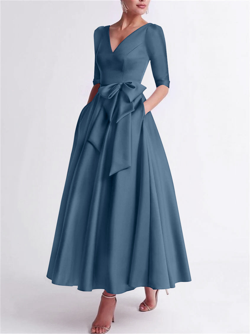 Robe de Mère de la Mariée en Satin à Manches 3/4 et Col en V, Ligne A/Princesse, Longueur Thé, avec Nœud(S)