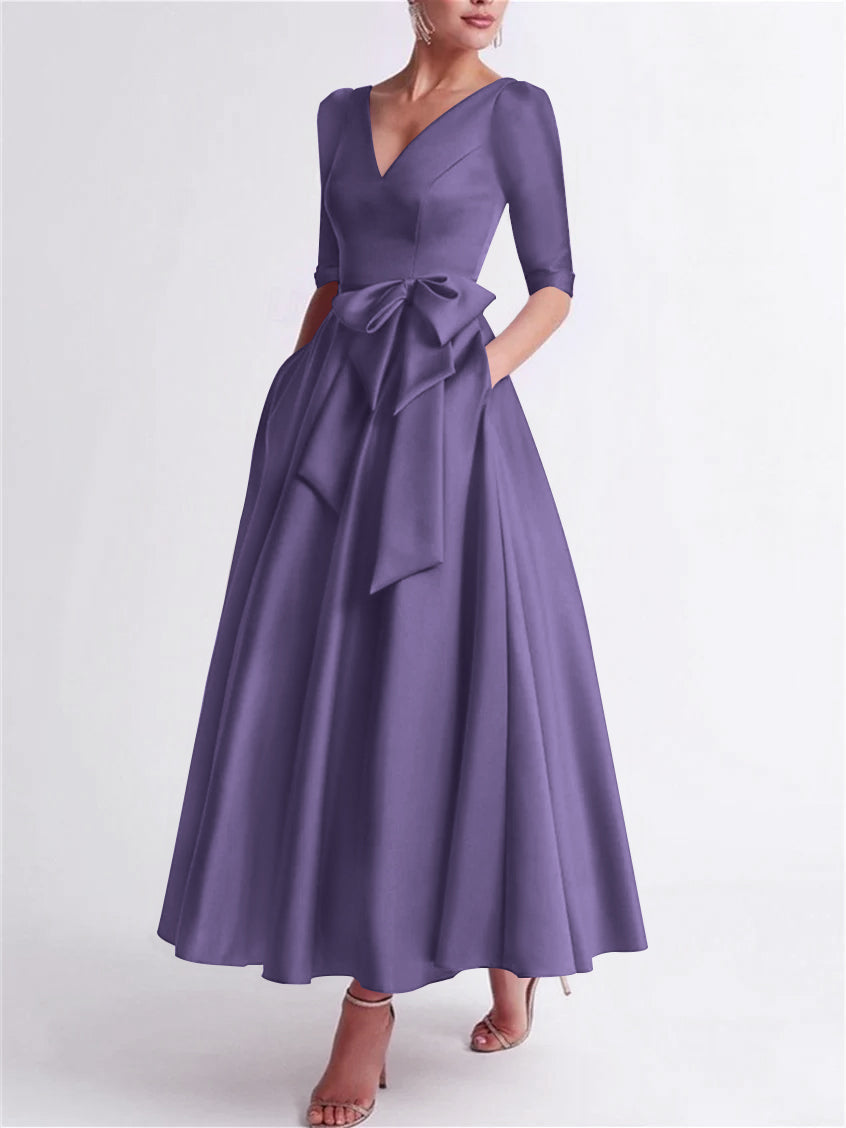 Robe de Mère de la Mariée en Satin à Manches 3/4 et Col en V, Ligne A/Princesse, Longueur Thé, avec Nœud(S)
