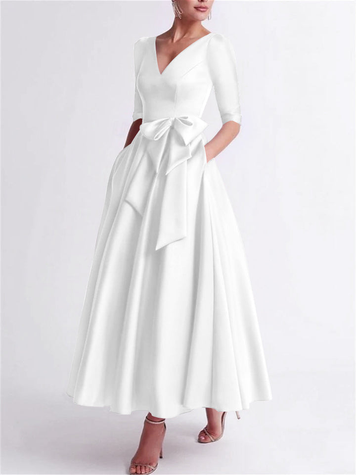 Robe de Mère de la Mariée en Satin à Manches 3/4 et Col en V, Ligne A/Princesse, Longueur Thé, avec Nœud(S)