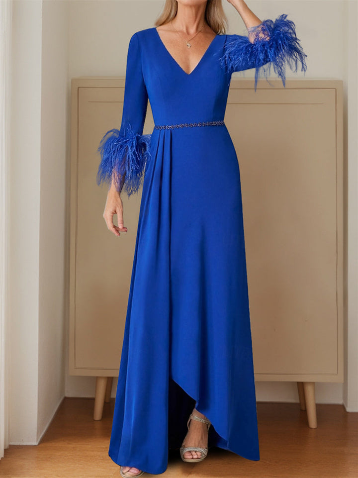 Robe de Mère de la Mariée en A-Line/Princess, Décolleté Plongeant, Manches 3/4, Longueur Au Sol, Plis, Plumes