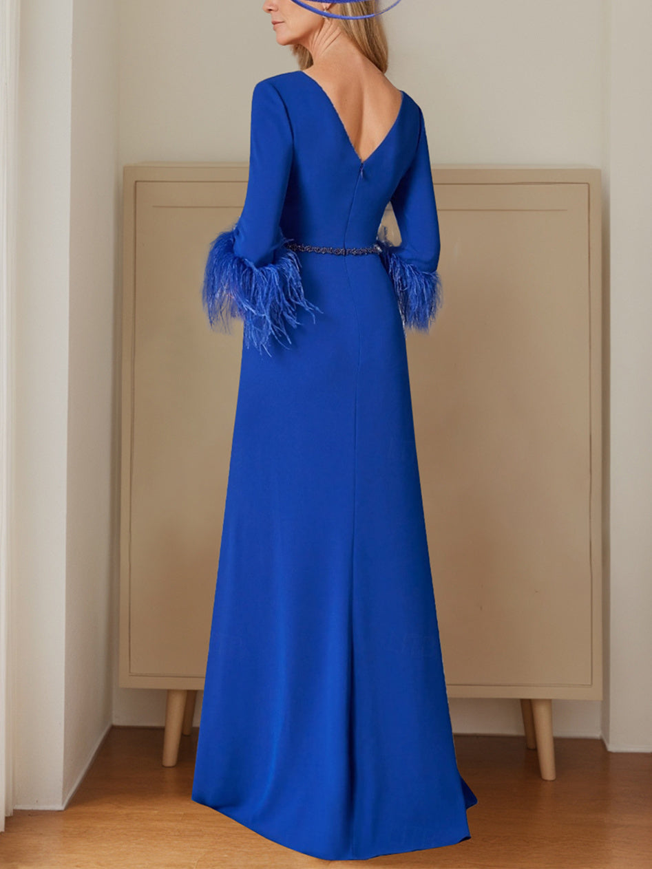 Robe de Mère de la Mariée en A-Line/Princess, Décolleté Plongeant, Manches 3/4, Longueur Au Sol, Plis, Plumes