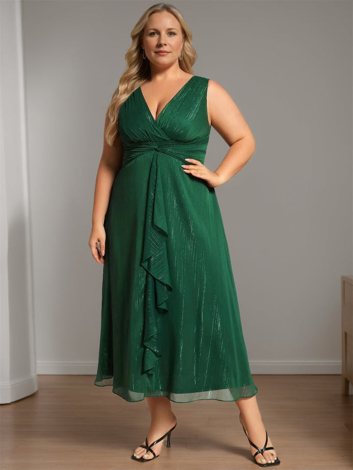 Robe de Mère de la Mariée A-Line/Princess Col en V Sans Manches Longueur Thé Couleur Unie