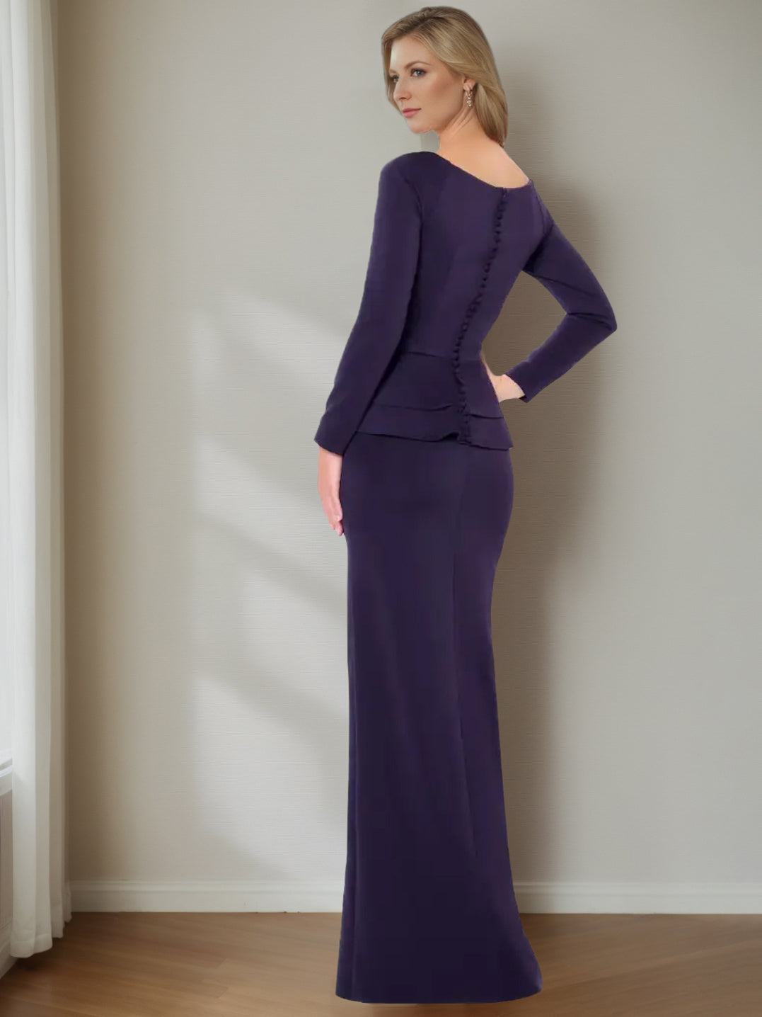 Robes de Mère de la Mariée Fourreau/Colonne à Col Bijou, Manches Longues, Longueur Au Sol
