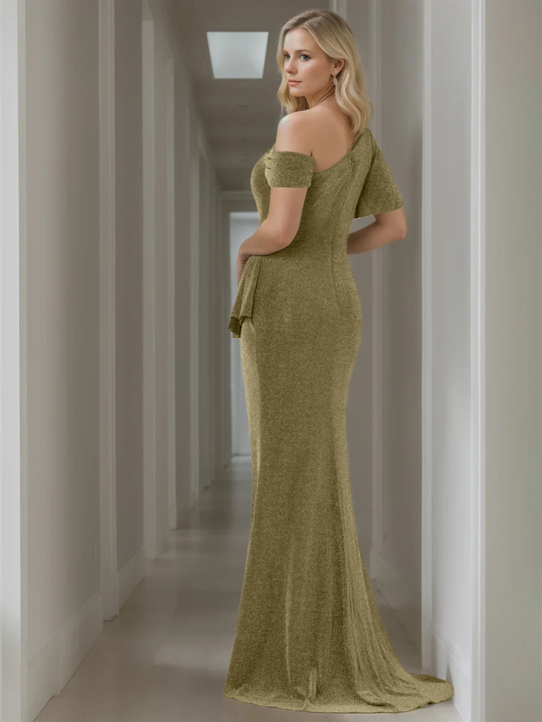 Robe de Mère de la Mariée Sirène/Trompette à Épaules Dénudées et Manches Courtes, Longueur Au Sol, Couleur Pure