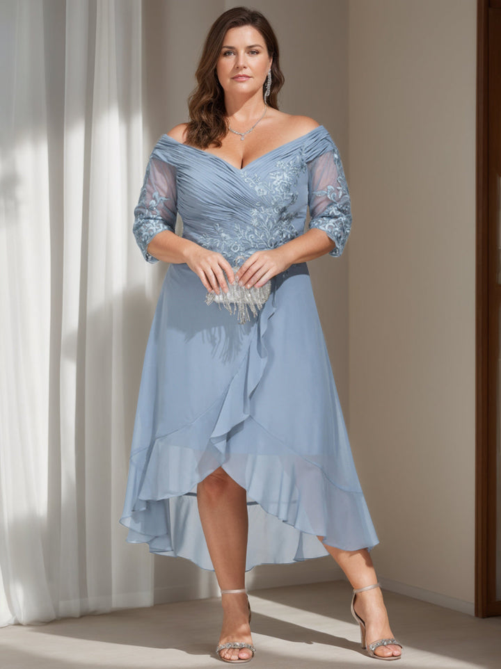 Ligne A/Princesse Hors de l'Épaule 3/4 Length Sleeves Asymétrique Plus Taille Robes Mère de La Mariée avec Paillettes