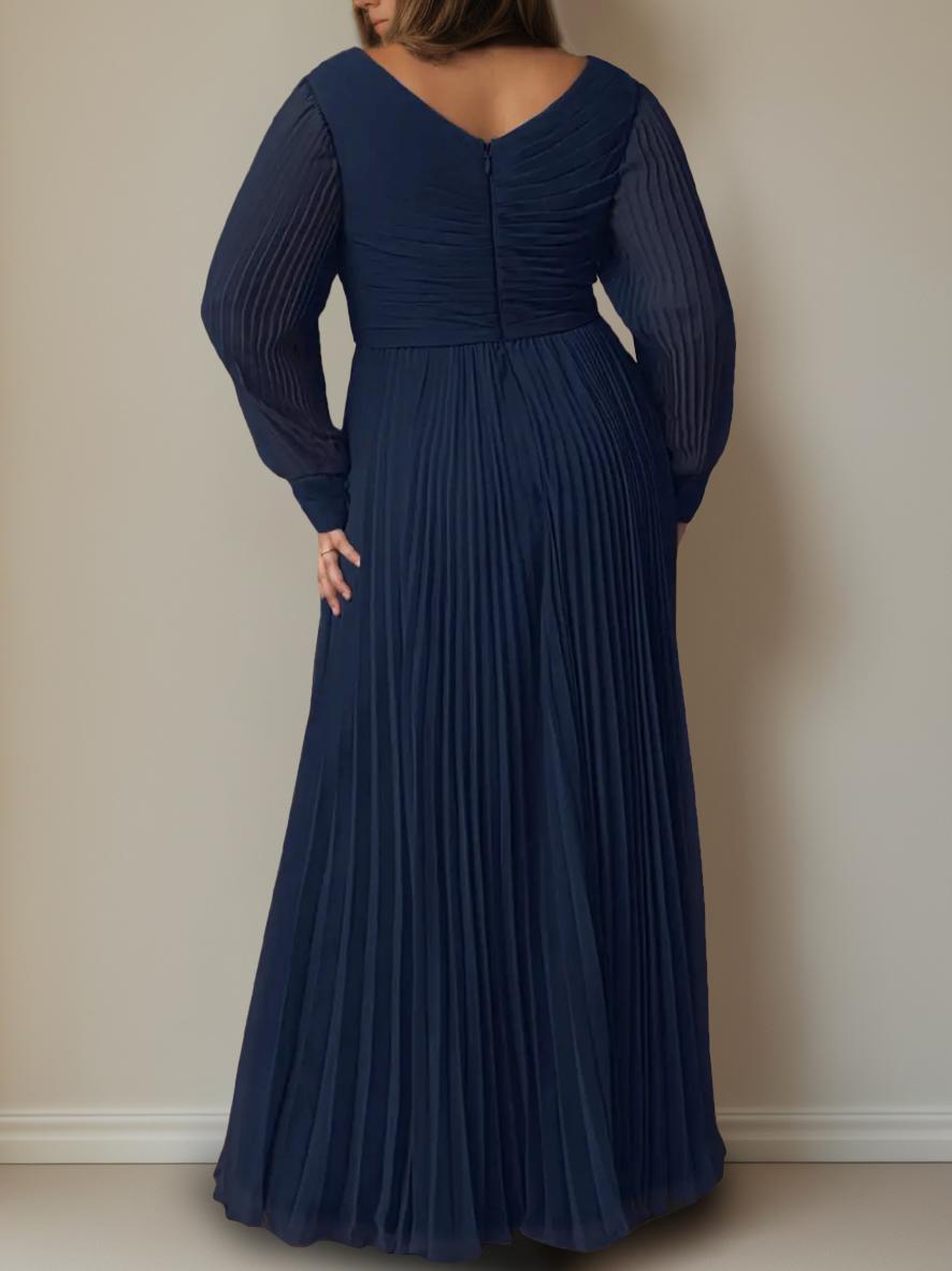 Robe de Mère de la Mariée Grande Taille, Coupe A-Line/Princess, Col en V, Manches Longues, Longueur Au Sol, avec Plis