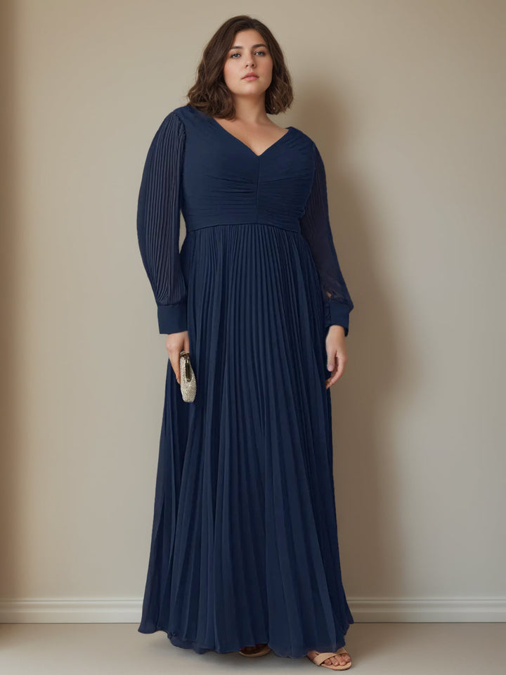 Robe de Mère de la Mariée Grande Taille, Coupe A-Line/Princess, Col en V, Manches Longues, Longueur Au Sol, avec Plis