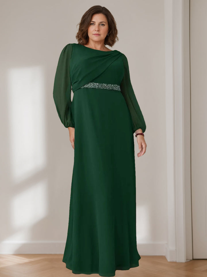 Robe de Mère de la Mariée Grande Taille, Coupe A-Line/Princess, Manches Longues, Longueur Au Sol, avec Perles, Plissée et Volants en Cascade