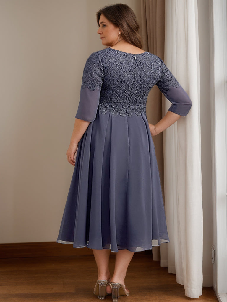 Robe de Mère de la Mariée Grande Taille, Coupe A-Line/Princesse, Col en V, Manches 3/4, Longueur Thé