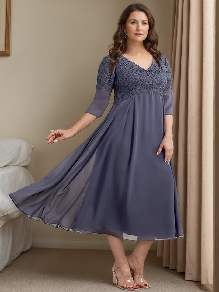 Robe de Mère de la Mariée Grande Taille, Coupe A-Line/Princesse, Col en V, Manches 3/4, Longueur Thé