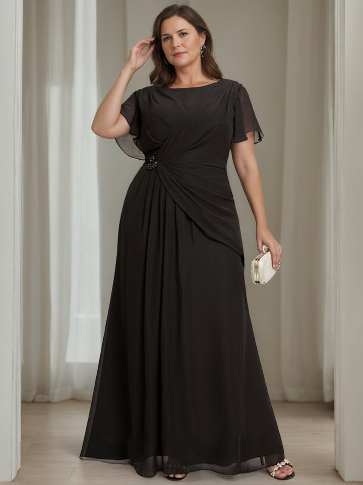 Robe de Mère de la Mariée Grande Taille, Coupe A-Line/Princess, Col Rond, Manches Courtes, Longueur Au Sol, avec Volants