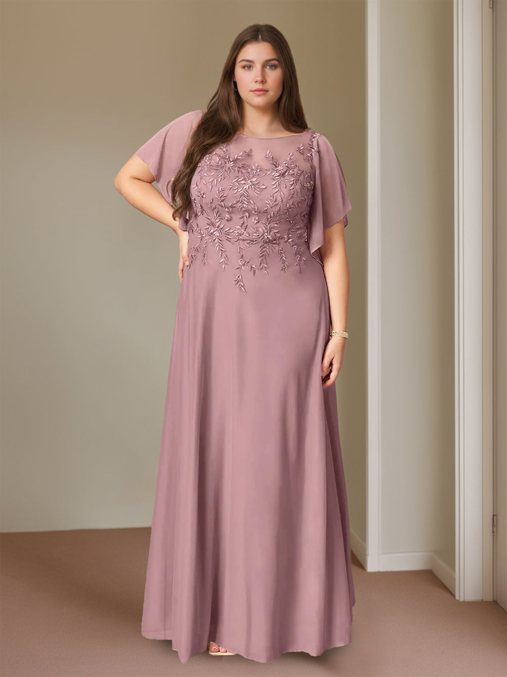 Robe de Mère de la Mariée Grande Taille, Coupe A-Line/Princess, Col Rond, Manches Courtes, Longueur Au Sol, avec Dentelle