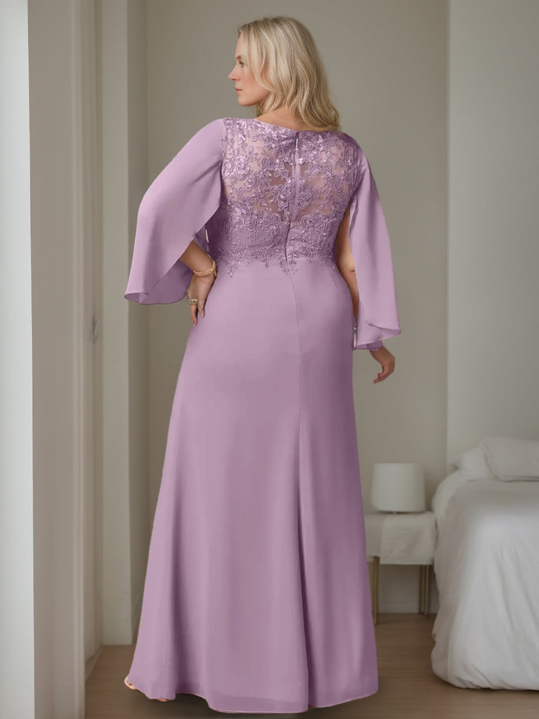 Robe de Mère de la Mariée Grande Taille, Coupe A-Line/Princess, Col en V, Manches Longues, Longueur Au Sol, avec Volants