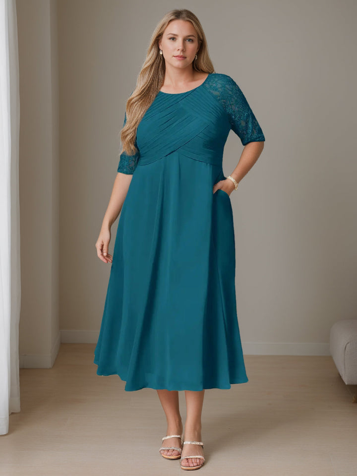 Robe de Mère de la Mariée Grande Taille, Coupe A-Line/Princesse, Col Rond, Manches Mi-Longues, avec Volants