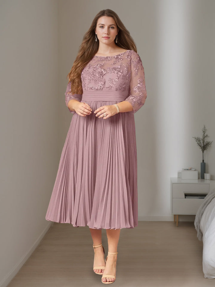 Robe de Mère de la Mariée Grande Taille à Volants, Coupe A-Line/Princess, Col Rond, Manches 3/4, Longueur Thé