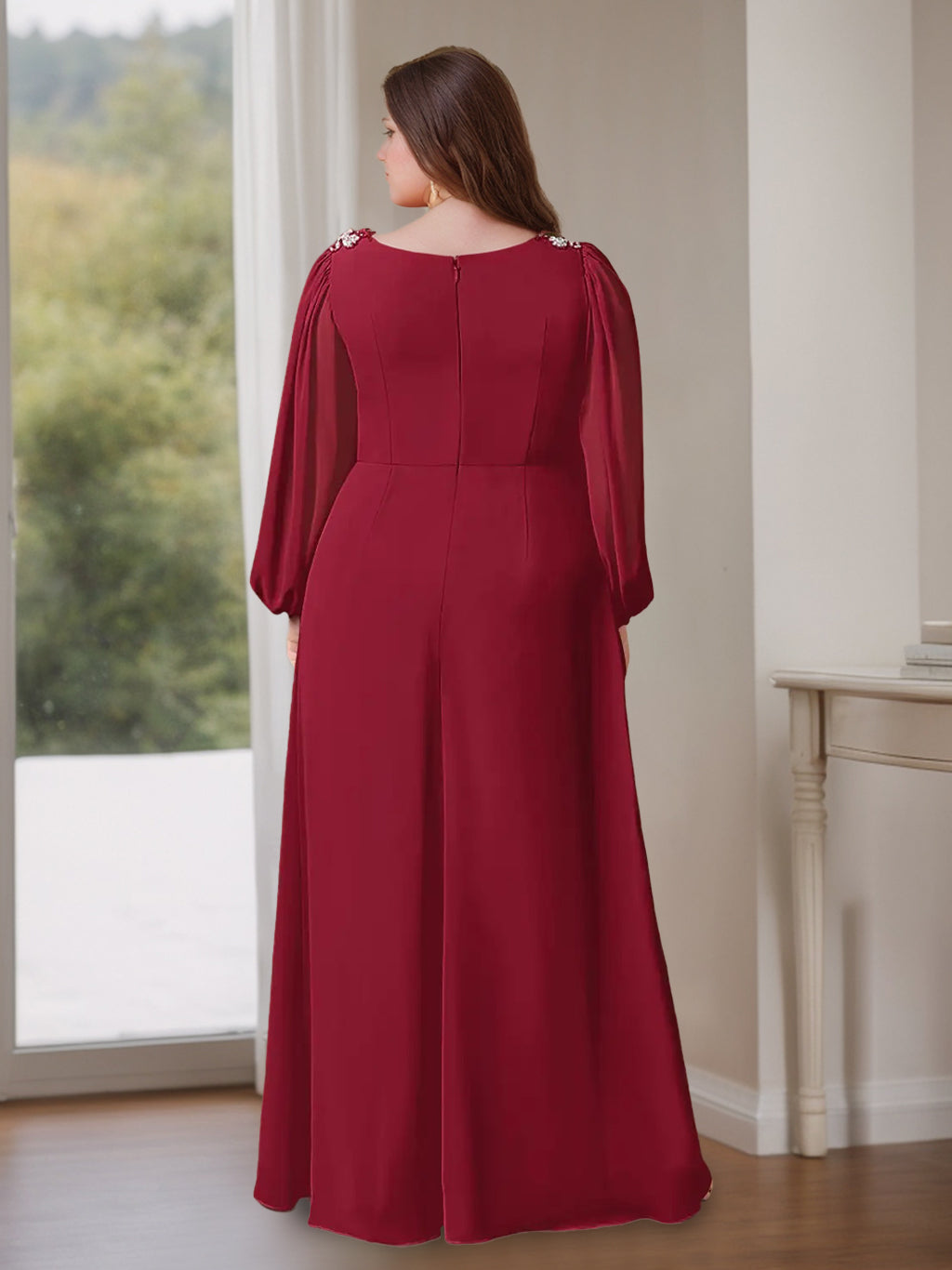 Robe de Mère de la Mariée Grande Taille, Coupe A-Line/Princess, Col en V, Manches Longues, Longueur Au Sol, avec Volants
