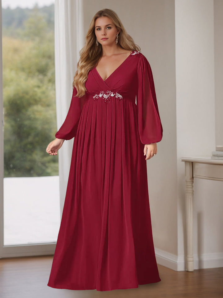Robe de Mère de la Mariée Grande Taille, Coupe A-Line/Princess, Col en V, Manches Longues, Longueur Au Sol, avec Volants
