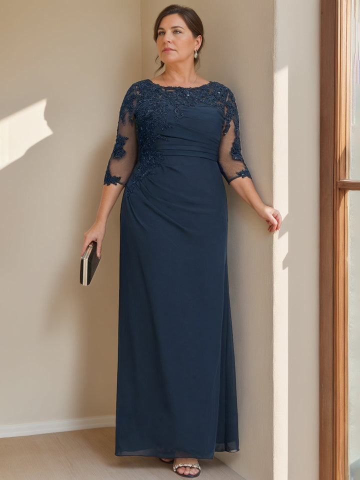 Robe de Mère de la Mariée Grande Taille à Col Rond et Manches Mi-Longues, Coupe Fourreau/Colonne, avec Volants