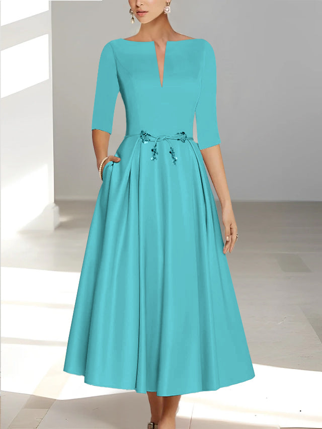 Robes de Mère de la Mariée et Du Marié Coupe A-Line/Princess à Demi-Manches et Longueur Cheville avec Poches
