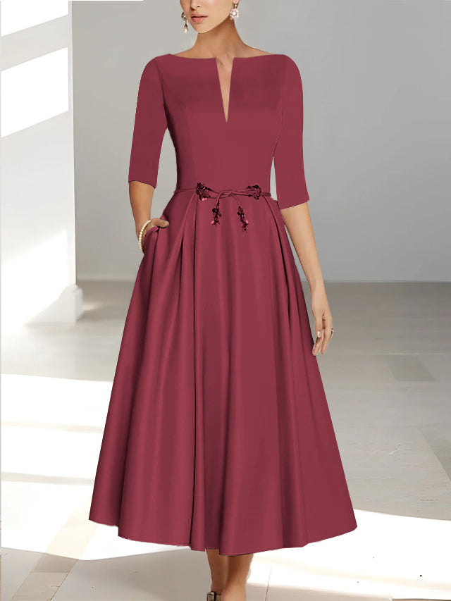 Robes de Mère de la Mariée et Du Marié Coupe A-Line/Princess à Demi-Manches et Longueur Cheville avec Poches