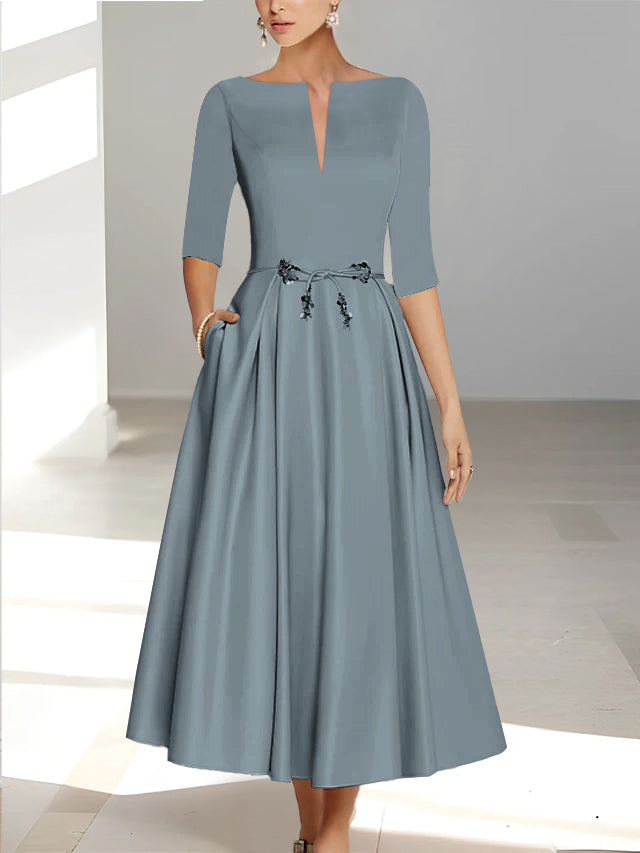 Robes de Mère de la Mariée et Du Marié Coupe A-Line/Princess à Demi-Manches et Longueur Cheville avec Poches
