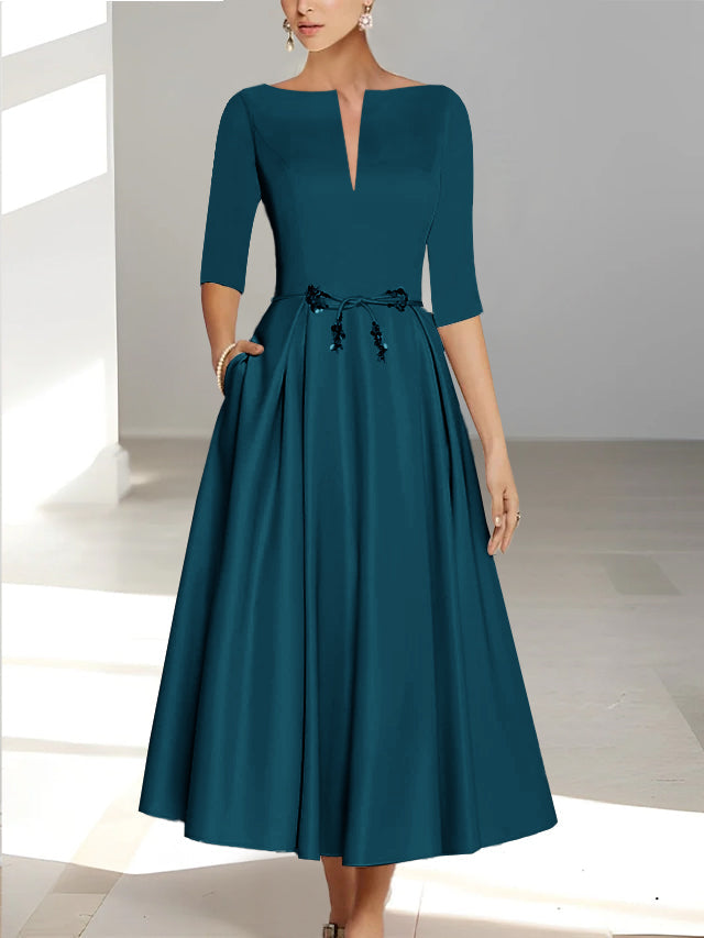 Robes de Mère de la Mariée et Du Marié Coupe A-Line/Princess à Demi-Manches et Longueur Cheville avec Poches