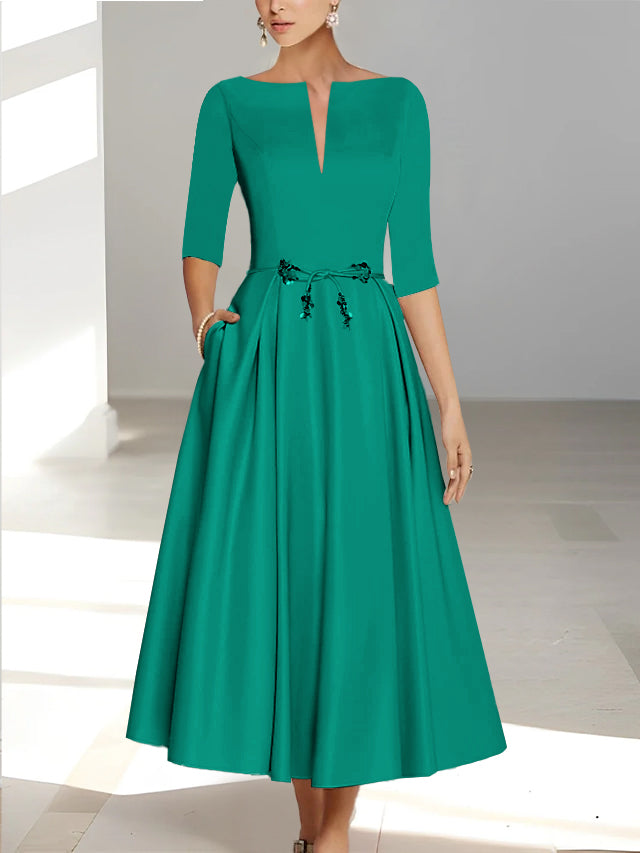 Robes de Mère de la Mariée et Du Marié Coupe A-Line/Princess à Demi-Manches et Longueur Cheville avec Poches