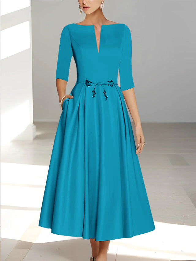 Robes de Mère de la Mariée et Du Marié Coupe A-Line/Princess à Demi-Manches et Longueur Cheville avec Poches