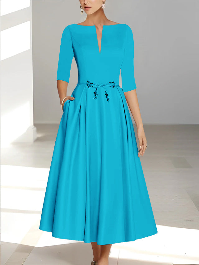 Robes de Mère de la Mariée et Du Marié Coupe A-Line/Princess à Demi-Manches et Longueur Cheville avec Poches