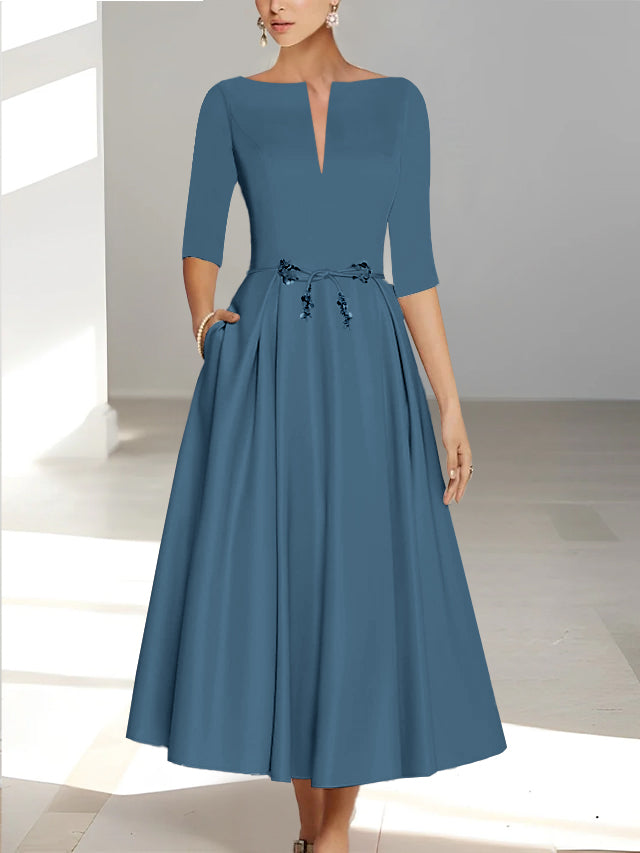 Robes de Mère de la Mariée et Du Marié Coupe A-Line/Princess à Demi-Manches et Longueur Cheville avec Poches