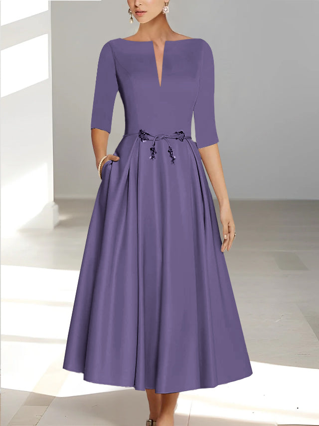 Robes de Mère de la Mariée et Du Marié Coupe A-Line/Princess à Demi-Manches et Longueur Cheville avec Poches