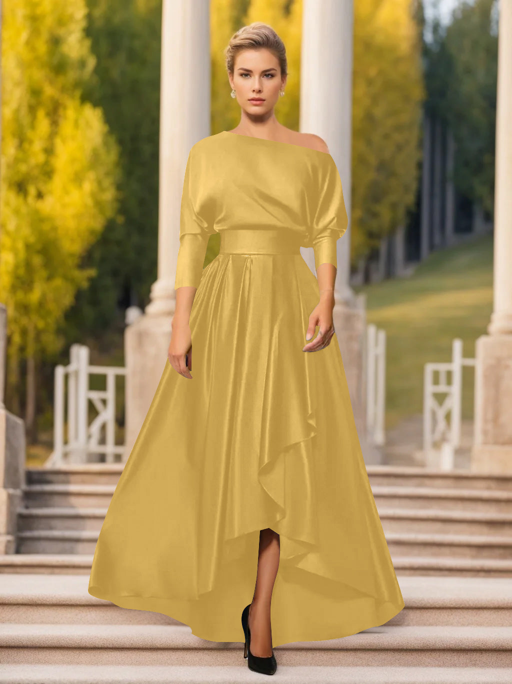 Robes de Mère de la Mariée et Du Marié Asymétriques à Une Épaule et à Manches 3/4 de Forme A-Line/Princess
