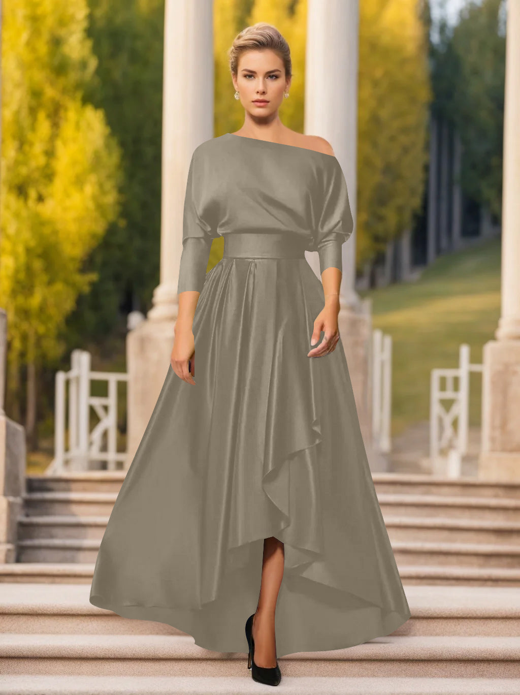 Robes de Mère de la Mariée et Du Marié Asymétriques à Une Épaule et à Manches 3/4 de Forme A-Line/Princess