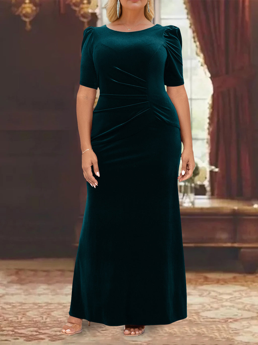 Robe de Mère de la Mariée Grande Taille, Coupe A-Line/Princess, Manches Mi-Longues, Longueur Cheville, avec Volants