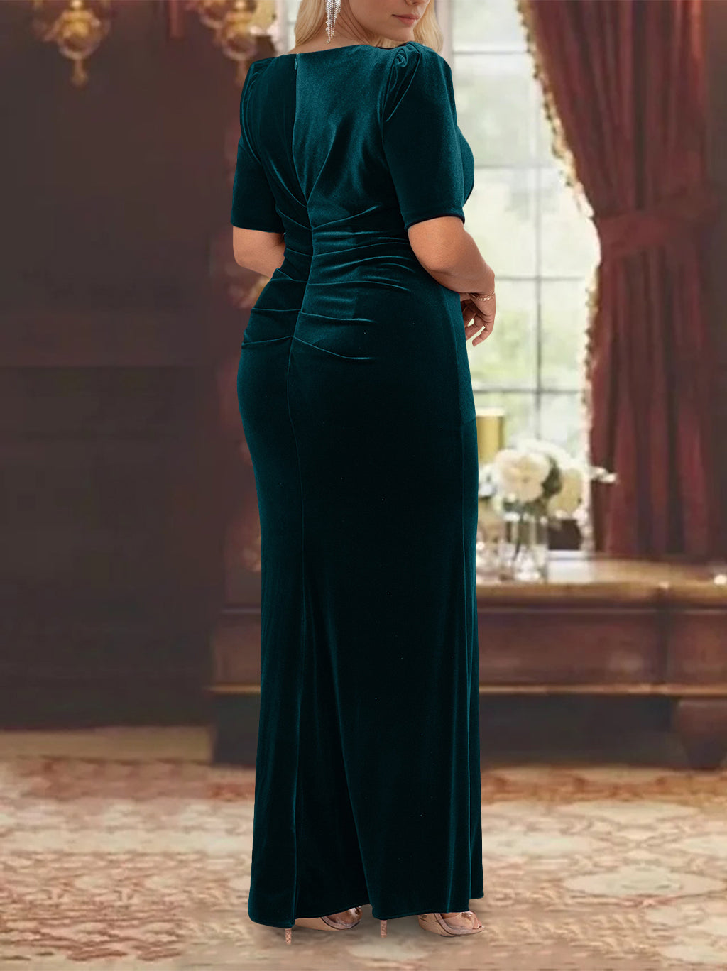 Robe de Mère de la Mariée Grande Taille, Coupe A-Line/Princess, Manches Mi-Longues, Longueur Cheville, avec Volants