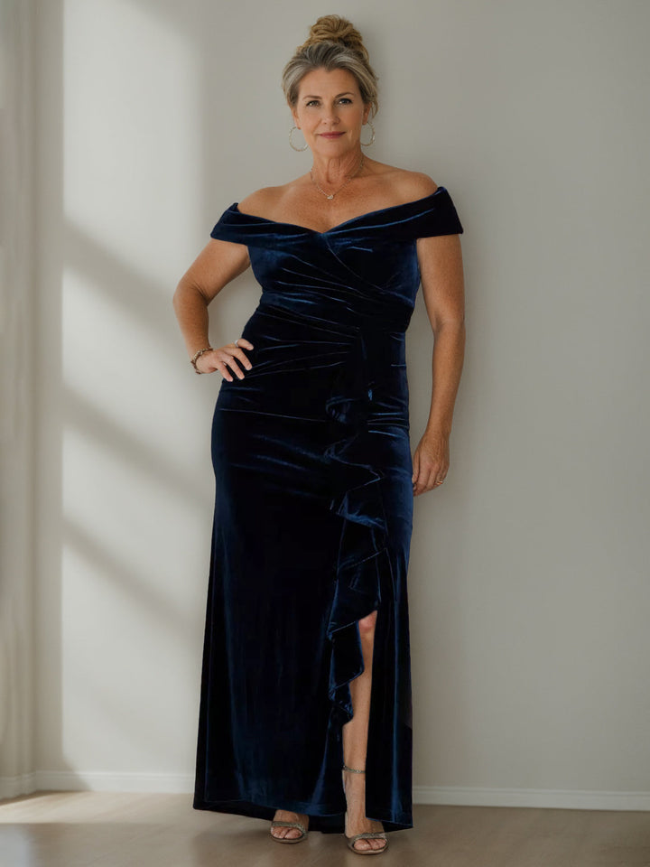 Robe de Mère de la Mariée en Velours à Manches Courtes et Col en V, Coupe A-Line/Princess, Longueur Au Sol, avec Fente Sur le Côté