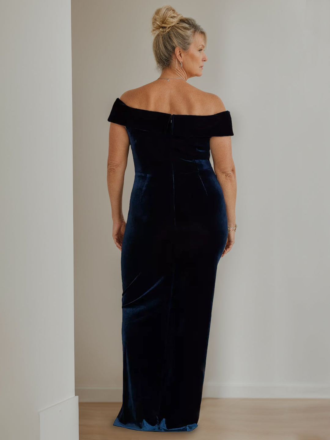 Robe de Mère de la Mariée en Velours à Manches Courtes et Col en V, Coupe A-Line/Princess, Longueur Au Sol, avec Fente Sur le Côté