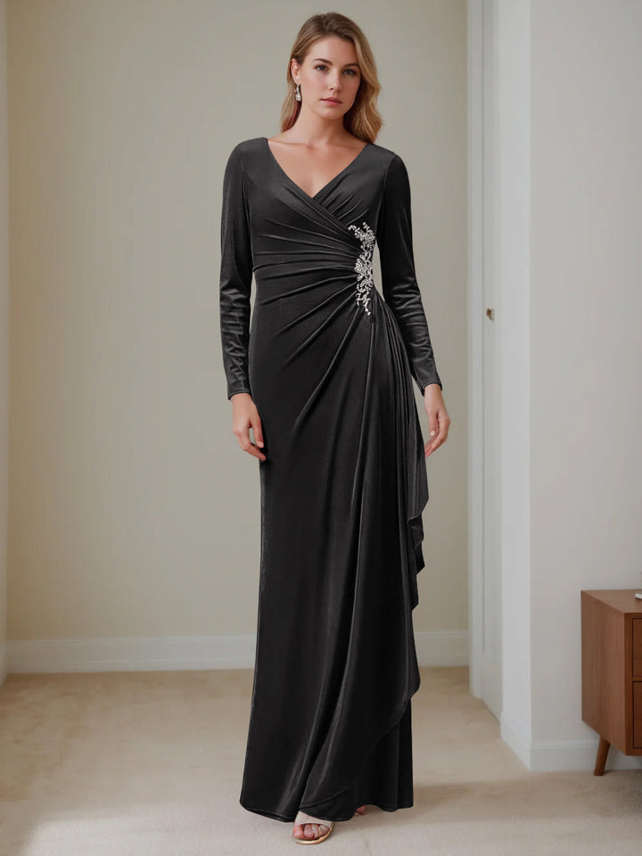 Robe de Mère de la Mariée en Velours à Volants, Coupe A-Line/Princess, Col en V, Manches Longues, Longueur Au Sol