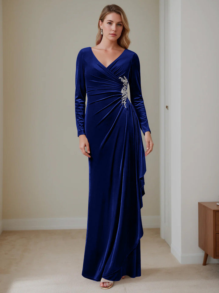 Robe de Mère de la Mariée en Velours à Volants, Coupe A-Line/Princess, Col en V, Manches Longues, Longueur Au Sol