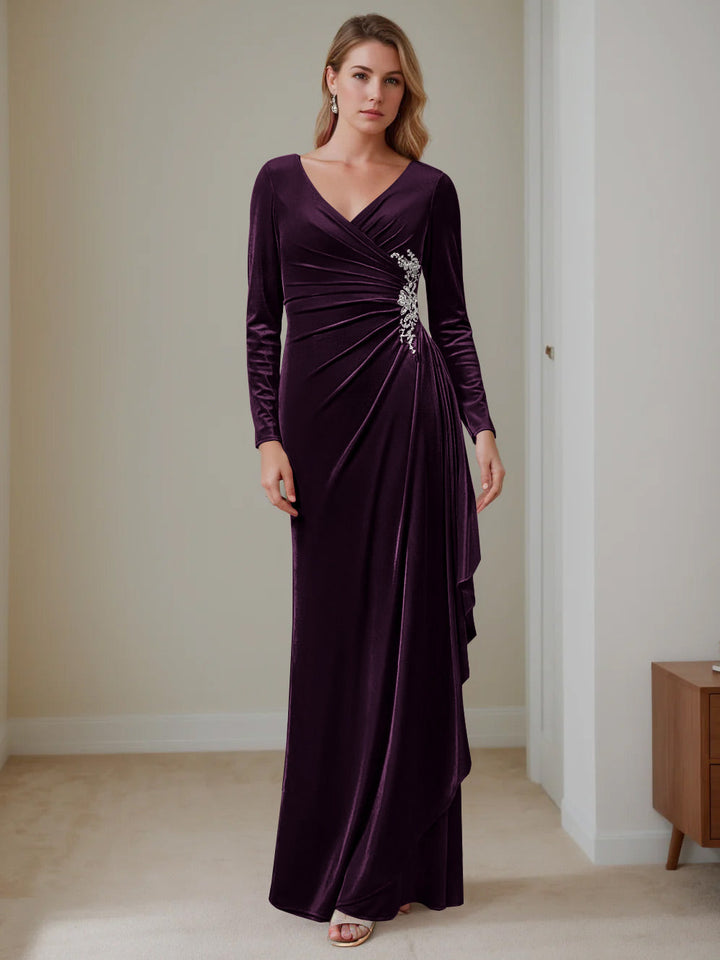 Robe de Mère de la Mariée en Velours à Volants, Coupe A-Line/Princess, Col en V, Manches Longues, Longueur Au Sol